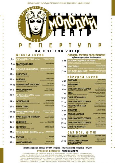 РЕПЕРТУАР МОЛОДОГО ТЕАТРУ на квітень2013 РЕПЕРТУАР МОЛОДОГО ТЕАТРУ на квітень2013