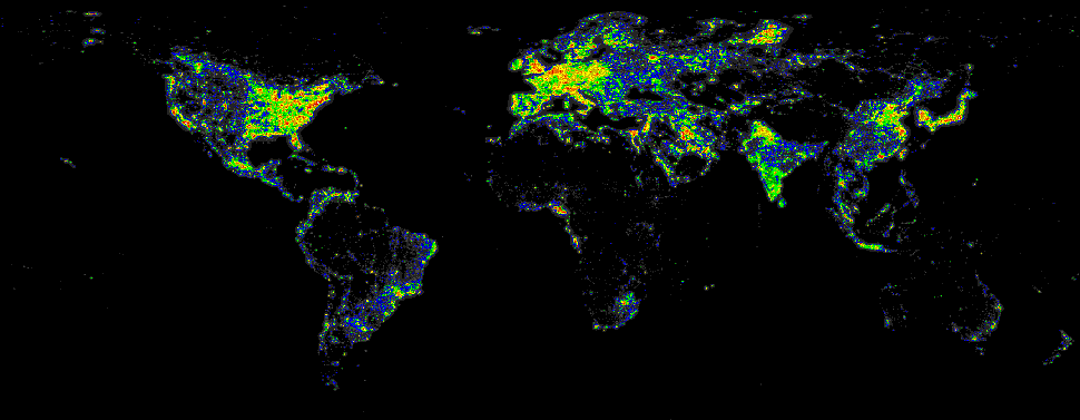 Карта светового загрязнения мира. 2006 год